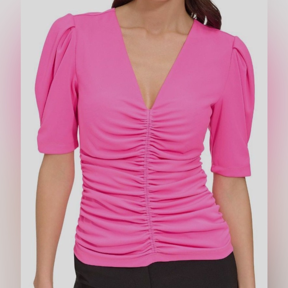 Dkny Pink Puff Sleeve Top with Ruched Design and 3/4 Sleeves‎
